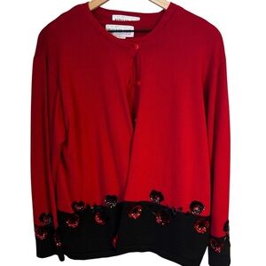 Bedford Fair Two Piece Ramie Sweater Set Women Sz LP Red Black Floral Sequins